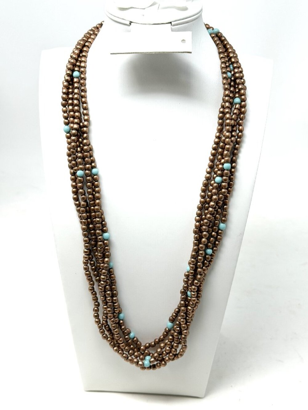 Copper Tone Necklace 23” Multi-Strand Beaded Faux Turquoise Southwestern Accents